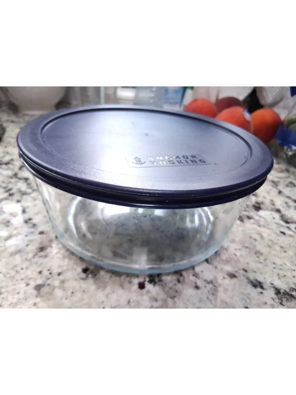 Anchor Hocking Clear Round Glass Bowl with Blue Rubber Lid 7 Cups 1.75 QT
